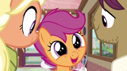 Size: 1920x1080 | Tagged: safe, screencap, mane allgood, scootaloo, snap shutter, pony, g4, the last crusade, cute, cutealoo, female, filly, foal, male, mare, stallion, trio