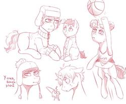 Size: 986x811 | Tagged: safe, artist:karamboll, earth pony, gnome, pony, unicorn, armpits, ball, crossover, foal, hat, male, pink, sketch, south park, sports, volleyball