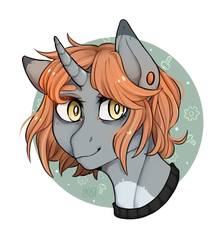 Size: 844x947 | Tagged: safe, artist:karamboll, pony, unicorn, big brows, bust, gray, horn, nails, portrait, red hair, smiling, solo, yellow eyes