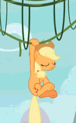Size: 198x320 | Tagged: safe, screencap, applejack, earth pony, pony, g4, non-compete clause, season 8, animated, cloud, cropped, eyes closed, female, gif, mare, rope bridge, scared, sky, solo, vine
