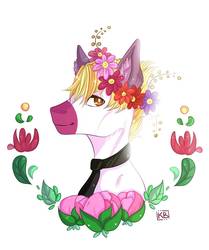 Size: 817x978 | Tagged: safe, artist:karamboll, earth pony, pony, bust, floral head wreath, flower, glowing, head, leaves, male, necktie, pink, portrait, solo, white, yellow hair