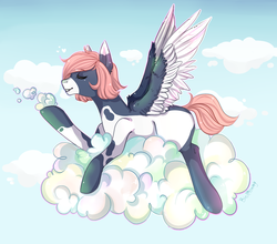 Size: 2900x2550 | Tagged: safe, artist:karamboll, fly, pegasus, pony, blue, cloud, high res, lying, lying on a cloud, pink, pink hair, relaxing, short tail, sky, solo, spots, wings