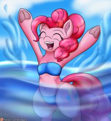 Size: 2200x2400 | Tagged: safe, artist:novaspark, pinkie pie, earth pony, pony, semi-anthro, g4, arm hooves, armpits, belly button, bikini, blue swimsuit, clothes, female, frog (hoof), high res, hind legs, mare, ocean, patreon, patreon logo, solo, splash, splashing, swimming, swimsuit, underhoof, water