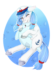Size: 1685x2200 | Tagged: safe, artist:karamboll, oc, oc only, dolphin, earth pony, pony, anchor, blue, blue mane, blue tail, blushing, bubble, cute, eyes closed, female, hat, hug, mare, ocean, pigtails, sailor, simple background, smiling, solo, sunlight, tail, toy, underwater, unshorn fetlocks, water, white, white background