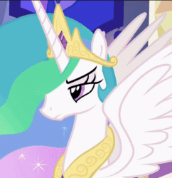 Size: 479x495 | Tagged: safe, screencap, princess celestia, alicorn, pony, g4, no second prances, season 6, animated, beautiful, celestia is not amused, chestplate, cropped, crown, ethereal mane, eyeroll, female, flowing mane, frown, gif, jewelry, lidded eyes, mare, multicolored mane, narrowed eyes, open mouth, peytral, purple eyes, reaction image, regalia, sigh, solo, sparkling mane, spread wings, twilight's castle, unamused