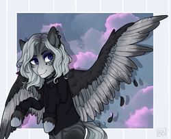 Size: 1700x1378 | Tagged: safe, artist:karamboll, oc, oc only, pegasus, pony, black, blue eyes, clothes, cloud, collar, ear piercing, earring, gray, jewelry, piercing, purple, shirt, solo, spots, stripes, wings
