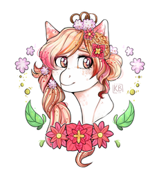 Size: 1769x1897 | Tagged: safe, artist:karamboll, earth pony, pony, beautiful, braid, bust, cute, detailed, flower, flower in hair, food, head, many details, orange, pink, portrait, solo, spots, syrup, waffle