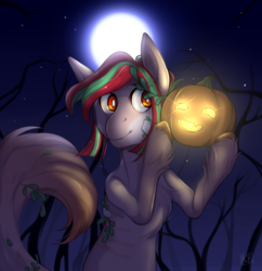 Size: 2987x3085 | Tagged: safe, artist:karamboll, oc, oc only, earth pony, pony, bandage, fluffy tail, fog, glowing, halloween, high res, holiday, jack-o-lantern, male, moon, night, pumpkin, solo, spooky, stars, stripes, tree