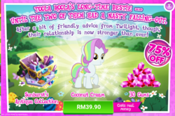 Size: 1045x688 | Tagged: safe, gameloft, coconut cream, earth pony, pony, g4, advertisement, antique, costs real money, female, filly, foal, gem, introduction card, solo