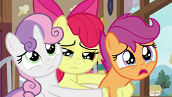 Size: 1920x1080 | Tagged: safe, screencap, apple bloom, scootaloo, sweetie belle, earth pony, pony, g4, the last crusade, crying, cutie mark crusaders, female, hug, sad