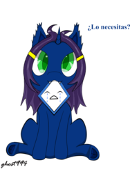 Size: 768x1024 | Tagged: safe, artist:ghost994, oc, oc only, oc:aria, hybrid, pony, female, filly, funny, green eyes, kawai, solo, spanish text, xd