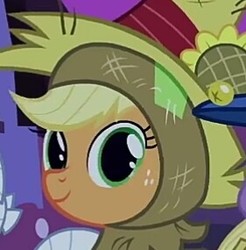 Size: 281x285 | Tagged: safe, screencap, applejack, earth pony, pony, g4, luna eclipsed, clothes, costume, cropped, cute, happy, jackabetes, nightmare night costume, scarecrow, solo focus