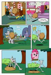 Size: 1280x1890 | Tagged: safe, artist:cartoon-eric, pinkie pie, oc, oc:fred wolfbane, pony, comic:pink. it's what's for dinner, g4, comic, ponyville, sack, sucker, sugarcube corner, wheel o feet