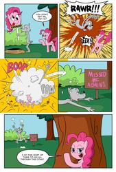 Size: 1280x1890 | Tagged: safe, artist:cartoon-eric, pinkie pie, oc, oc:fred wolfbane, pony, comic:pink. it's what's for dinner, g4, comic, fourth wall, frustrated, pounce, sign, sucker, taunting, tree