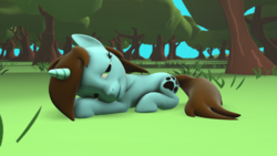 Size: 1920x1080 | Tagged: safe, artist:barpy, oc, oc:pawsie hooves, pony, unicorn, 3d, cute, eyes closed, female, forest, grass, happy, looking at you, lying down, relaxing, sleeping, sleepy, smiling, source filmmaker, tree