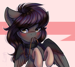 Size: 1342x1200 | Tagged: safe, artist:falafeljake, oc, oc only, oc:rune riddle, pegasus, pony, adorasexy, blushing, clothes, collar, cute, female, leash, looking at you, mare, mouth hold, sexy, socks, solo, ych result
