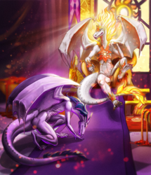 Size: 2584x3000 | Tagged: safe, artist:l'kha, daybreaker, twilight sparkle, dragon, g4, bowing, dragoness, dragonified, duo, female, high res, realistic, species swap, throne, twilidragon