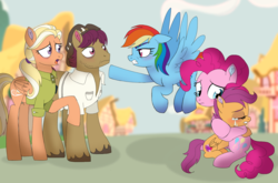Size: 1700x1123 | Tagged: safe, artist:unoriginai, mane allgood, pinkie pie, rainbow dash, scootaloo, snap shutter, g4, the last crusade, alternate ending, angry, bags under eyes, bared teeth, blurry background, crying, cutie mark, discussion in the comments, eyes closed, female, filly, flying, foal, hug, male, mare, ponyville, raised hoof, sad, scootaloo's parents, scootasad, shocked, shocked expression, stallion, story in the source, story included, the cmc's cutie marks, what if