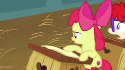 Size: 1920x1080 | Tagged: safe, screencap, apple bloom, twist, cragadile, crocodile, earth pony, pony, g4, the last crusade, animated, bow, female, filly, glasses, no sound, nom, property damage, running, running in place, scared, webm