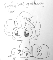 Size: 1280x1441 | Tagged: safe, artist:tjpones, oc, oc only, oc:brownie bun, earth pony, pony, buck, censored, censored vulgarity, chest fluff, eating, female, finally some good fucking food, food, gordon ramsay, herbivore, mare, monochrome, peanut, peanut butter, ponified, ponified meme, text, traditional art