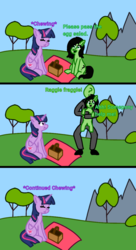 Size: 654x1200 | Tagged: safe, artist:anonymous, twilight sparkle, oc, oc:anon, oc:filly anon, alicorn, pony, g4, comic, dialogue, female, filly, picnic, the grim adventures of billy and mandy, twilight sparkle (alicorn)