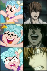 Size: 795x1190 | Tagged: safe, cozy glow, pony, g4, comparison, cozy glow is best facemaker, cozybetes, crazy glow, cute, death note, insanity, light yagami, ryuk, shinigami