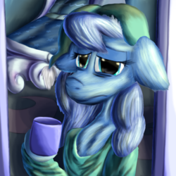 Size: 1584x1584 | Tagged: safe, artist:firefanatic, princess luna, pony, g4, bags under eyes, bed, bedroom, clothes, fluffy, hat, messy mane, missing horn, mug, nightcap, nightgown, sleepy