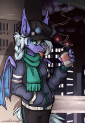 Size: 1693x2453 | Tagged: safe, artist:lonerdemiurge_nail, oc, oc only, oc:tempest wind, bat pony, anthro, cigarette, city, clothes, coffee cup, cup, female, hat, jacket, mare, night, scarf, smoking, solo