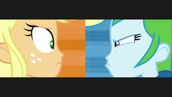 Size: 1280x720 | Tagged: safe, applejack, rainbow dash, a queen of clubs, equestria girls, g4, my little pony equestria girls: better together, face, female, rivals