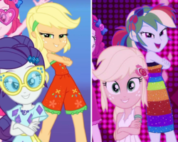Size: 1419x1130 | Tagged: safe, screencap, applejack, pinkie pie, rainbow dash, rarity, equestria girls, g4, i'm on a yacht, my little pony equestria girls: better together, clothes, female, friendship, lidded eyes, looking at you, neon eg logo, pose, sleeveless, smiling, sunglasses