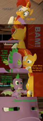 Size: 1920x5400 | Tagged: safe, artist:papadragon69, queen chrysalis, spike, sunburst, changeling, dragon, comic:spike's cyosa, g4, 3d, against wall, angry, comic, crystal empire, cyoa, disguise, disguised changeling, explicit source, male, older, older spike, source filmmaker, squint, teenage spike, teenager, wham line, winged spike, wings