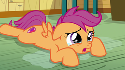 Size: 1920x1080 | Tagged: safe, screencap, scootaloo, pegasus, pony, g4, the last crusade, crying, cutie mark, female, filly, foal, lying down, prone, puddle, sad, scootasad, solo, sploot, teary eyes, the cmc's cutie marks