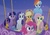 Size: 481x337 | Tagged: safe, screencap, applejack, fluttershy, pinkie pie, rainbow dash, rarity, twilight sparkle, alicorn, earth pony, pegasus, pony, unicorn, g4, my little pony: rainbow roadtrip, crossed hooves, female, hot air balloon, mane six, mare, night, night sky, pointing, preview, stars, startled, twilight sparkle (alicorn), wondering, worried