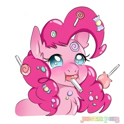 Size: 768x768 | Tagged: safe, artist:joestarpon3, pinkie pie, earth pony, pony, g4, blushing, bust, candy, chest fluff, cute, diapinkes, ear fluff, female, food, lollipop, mare, messy mane, puffy cheeks, solo