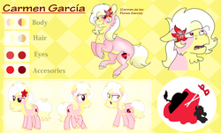 Size: 6000x3632 | Tagged: safe, artist:euspuche, oc, oc:carmen garcía, earth pony, pony, flower, flower in hair, looking at you, reference sheet