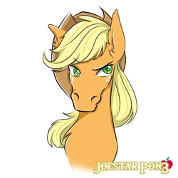 Size: 768x768 | Tagged: safe, artist:joestarpon3, applejack, earth pony, horse, pony, g4, annoyed, bust, chest fluff, colored pupils, cowboy hat, ear fluff, female, glare, green eyes, hat, hoers, mare, raised eyebrow, simple background, solo, stetson, unamused, white background