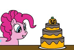 Size: 1024x690 | Tagged: safe, artist:mega-shonen-one-64, pinkie pie, earth pony, pony, g4, cake, food, halloween, holiday, simple background, white background