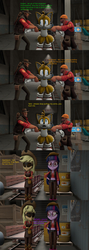 Size: 2400x6736 | Tagged: safe, artist:fazbearsparkle, applejack, twilight sparkle, equestria girls, g4, 3d, angry, comic, dialogue, engineer, engineer (tf2), fight, midriff, sniper, sniper (tf2), sonic the hedgehog, sonic the hedgehog (series), source filmmaker, tail, team fortress 2