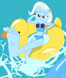 Size: 916x1080 | Tagged: safe, artist:grapefruitface1, derpibooru exclusive, trixie, equestria girls, g4, i'm on a yacht, spoiler:eqg series (season 2), base used, big feet, feet, female, fetish, foot fetish, pool toy, solo, splash, swimming pool, water, wiggling toes