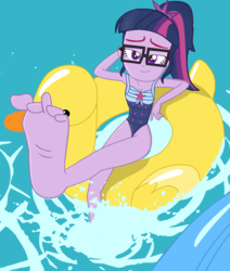 Size: 916x1080 | Tagged: safe, artist:grapefruitface1, derpibooru exclusive, sci-twi, twilight sparkle, equestria girls, g4, i'm on a yacht, my little pony equestria girls: better together, big feet, feet, female, fetish, foot fetish, pool toy, solo, splash, swimming pool, water, wiggling toes