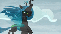 Size: 960x540 | Tagged: safe, edit, edited screencap, screencap, queen chrysalis, bird, changeling, changeling queen, cragadile, crocodile, goat, roc, frenemies (episode), g4, animated, bird of prey, female, flying, forest, glowing eyes, ice, journey, jumping, magic, montage, mount everhoof, mountain, music, shadow, shapeshifting, snow, solo, sound, swimming, transformation, underwater, webm, wind, windswept mane
