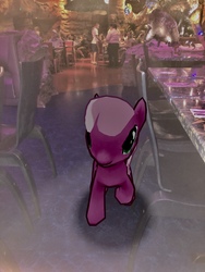 Size: 3024x4032 | Tagged: safe, gameloft, photographer:undeadponysoldier, cheerilee, human, pony, g4, augmented reality, cafe, chair, disney springs, disney world, downtown disney, florida, irl, irl human, orlando, photo, ponies in real life, restaurant, sign, t-rex cafe, table