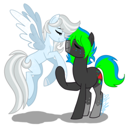 Size: 894x894 | Tagged: safe, artist:chelseawest, oc, oc:acid rain, oc:glass winter, earth pony, pegasus, pony, female, male, mare, nuzzling, oc x oc, shipping, simple background, stallion, straight, transparent background, two toned wings, wings