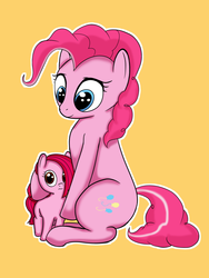Size: 1134x1504 | Tagged: safe, artist:crabs_of_steam, pinkie pie, oc, oc:pebble pop pie, earth pony, pony, g4, 4chan, duo, female, filly, happy, mare, mother and daughter, offspring, parent:pinkie pie, simple background, yellow background