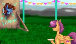 Size: 1166x686 | Tagged: safe, artist:moonlight0shadow0, scootaloo, oc, oc:silly scribe, g4, cute, food, pie, smiling