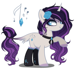 Size: 1900x1810 | Tagged: safe, artist:gihhbloonde, artist:meimisuki, oc, oc only, classical unicorn, pony, unicorn, adoptable, base used, bedroom eyes, choker, clothes, cloven hooves, eyeshadow, female, flower, flower in hair, horn, leonine tail, magical lesbian spawn, makeup, mare, offspring, open mouth, parent:octavia melody, parent:rarity, parents:raritavia, raised hoof, simple background, socks, solo, stockings, tattoo, thigh highs, transparent background, unshorn fetlocks