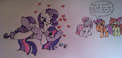 Size: 612x293 | Tagged: artist needed, safe, apple bloom, rarity, scootaloo, sweetie belle, twilight sparkle, pony, g4, blushing, cutie mark crusaders, exhibitionism, female, floppy ears, heart, lesbian, ship:rarilight, shipping, traditional art