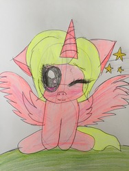 Size: 3264x2448 | Tagged: safe, artist:vabessa2006, oc, oc only, alicorn, pony, alicorn oc, high res, one eye closed, solo, traditional art, wink
