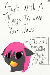 Size: 800x1200 | Tagged: safe, artist:snow quill, oc, bat pony, bat pony oc, cover art, food, link in description, mango, the risk i took was calculated, thought bubble