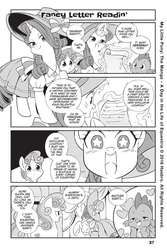 Size: 1066x1600 | Tagged: safe, artist:nekoshiei, seven seas, rarity, spike, sweetie belle, dragon, pony, unicorn, g4, my little pony: the manga, my little pony: the manga volume 1, adorable face, bow, carousel boutique, clothes, curious, cute, cutie mark, diasweetes, drake, dress, elegant, excited, fancy letter readin', female, filly, foal, half-lidded eyes, happy, hat, heart, in love, indignant, letter, love, magic, magic aura, male, manga, manga style, mare, monochrome, official content, official preview, preview, promo, spikabetes, starry eyes, teasing, the cmc's cutie marks, wingding eyes, winged spike, wings